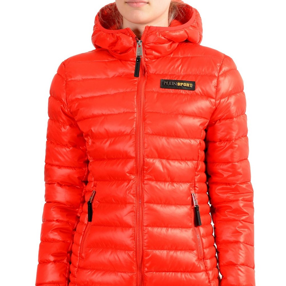 Plein Sport Women's Bright Red Hooded Logo Print Zip Up Parka Jacket S M L
